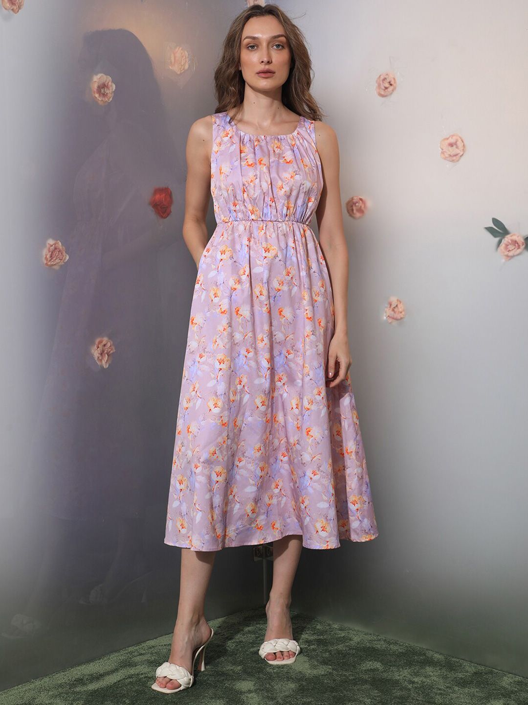 RAREISM Floral Printed Cotton Fit & Flare Midi Dress