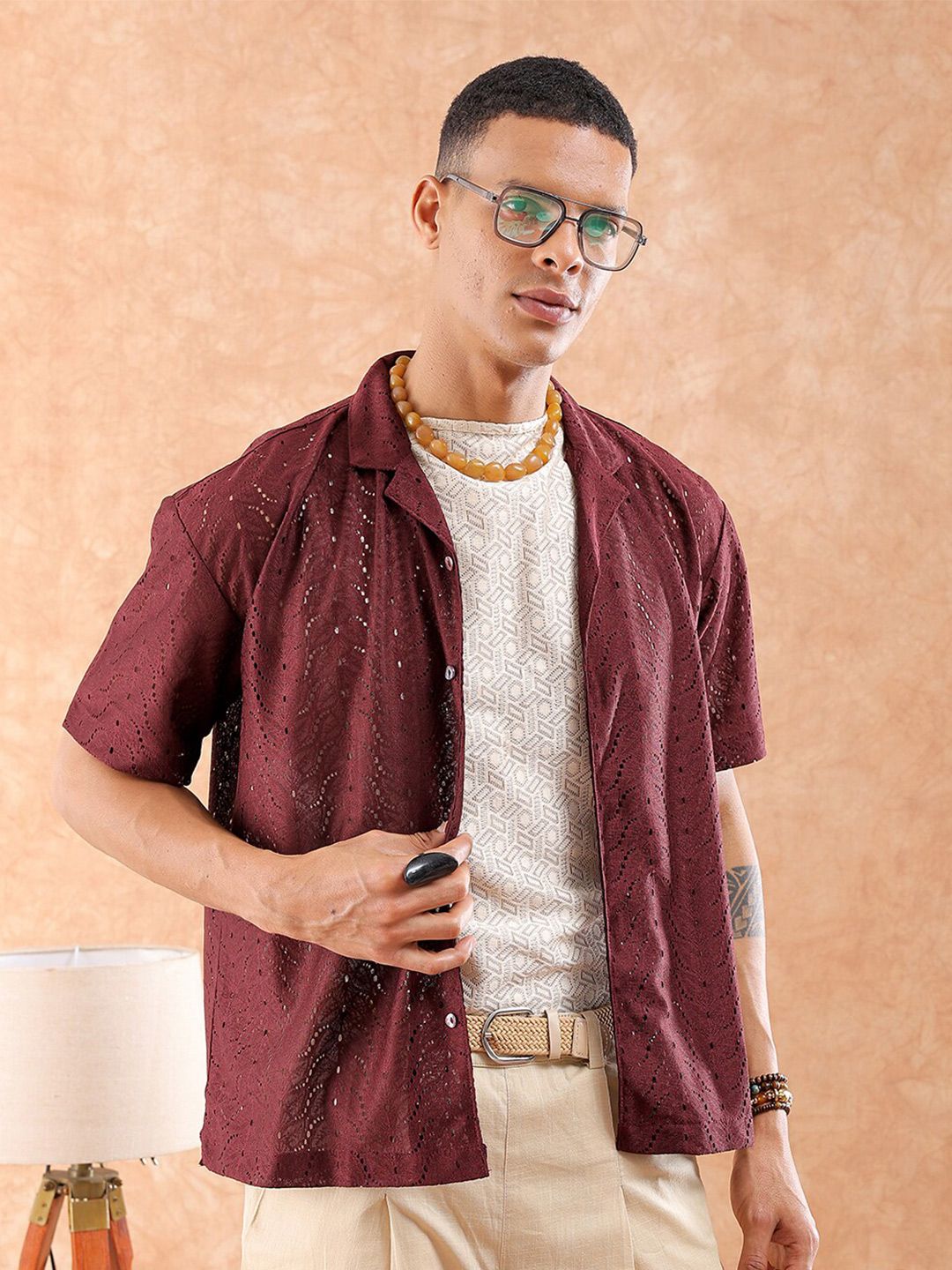 The Indian Garage Co Men Relaxed Fit Solid Warp Knit Lace Resortwear Shirt
