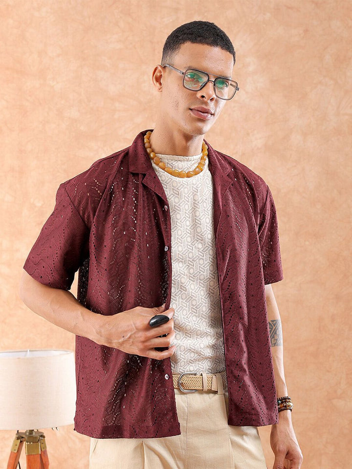The Indian Garage Co Men Relaxed Fit Solid Warp Knit Lace Resortwear Shirt
