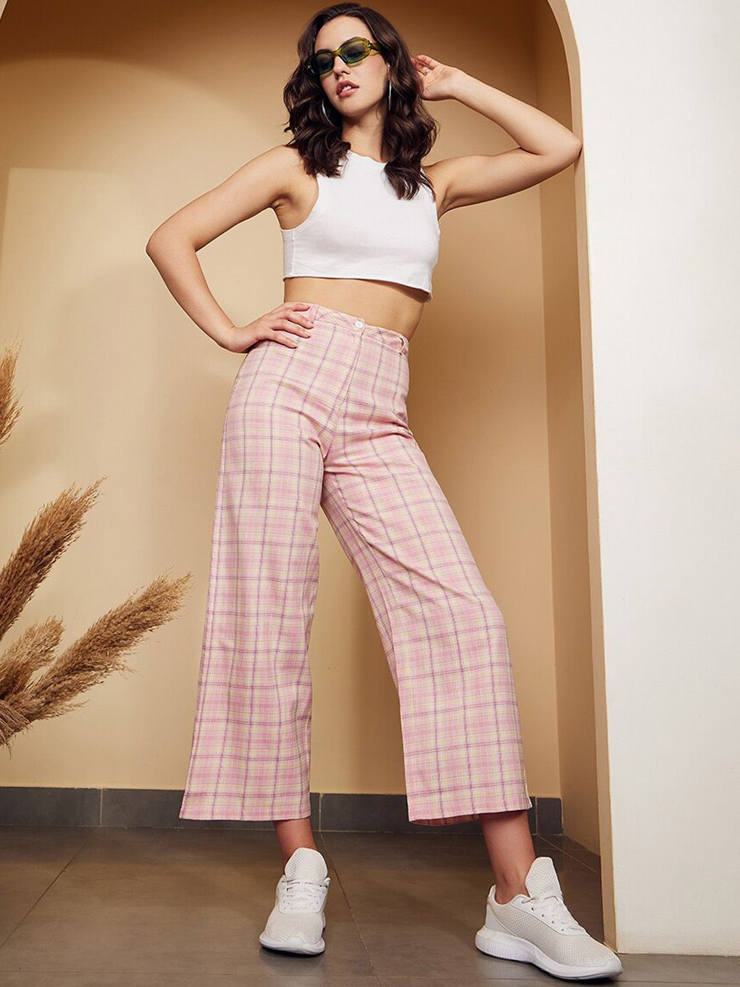 Berrylush Pink Checked Relaxed High-Rise Trousers