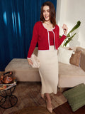 Berrylush Red & White Ribbed Acrylic Crop Front Open Sweater