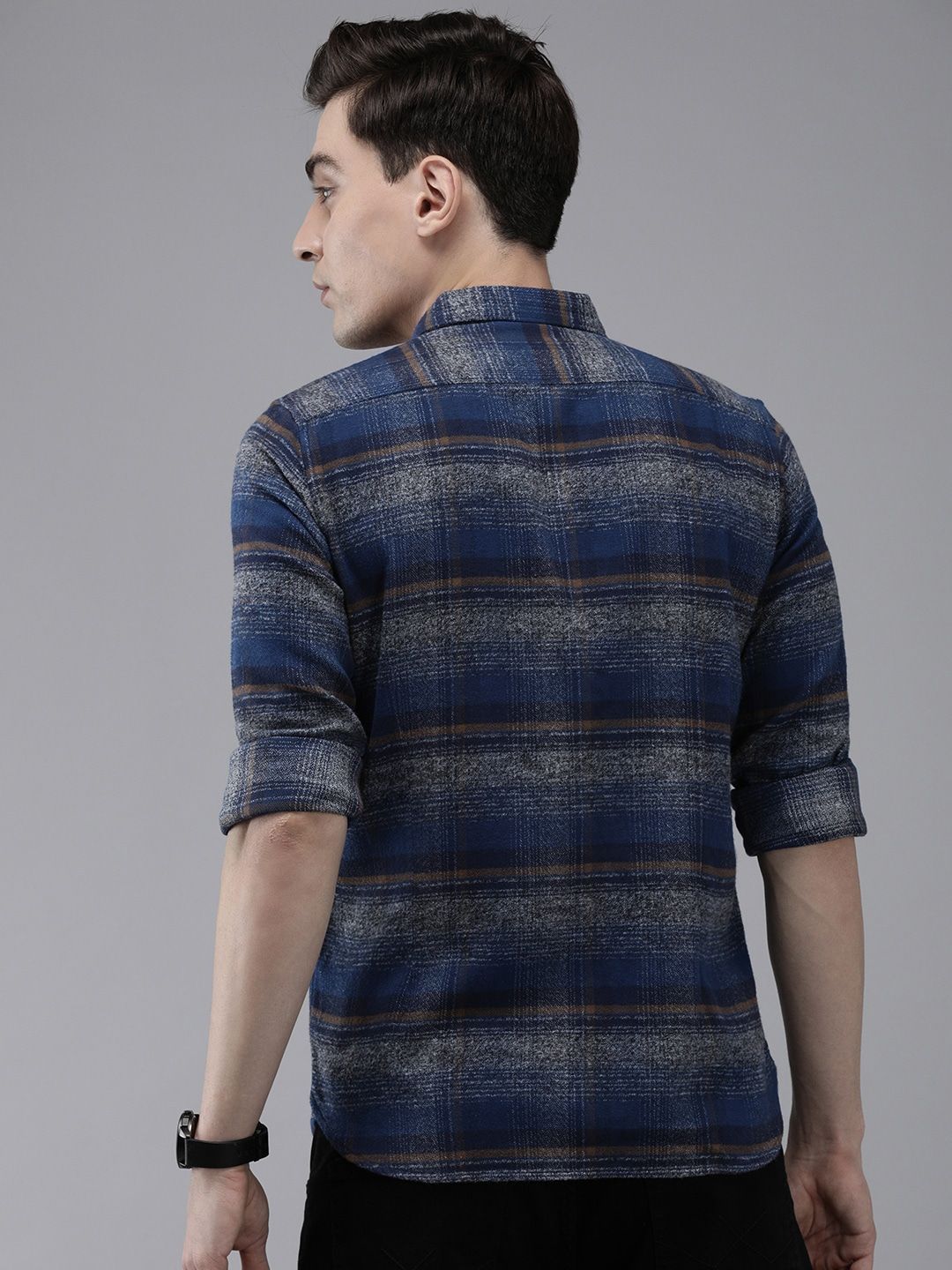 THE BEAR HOUSE Men Navy Blue Slim Fit Tartan Checked Flannel Pure Cotton Casual Shirt