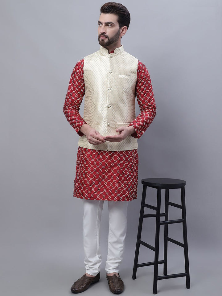 SOJANYA Mandarin Collar Embroidered Thread Work Kurta with Churidar & Nehru Jacket