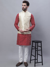 SOJANYA Mandarin Collar Embroidered Thread Work Kurta with Churidar & Nehru Jacket