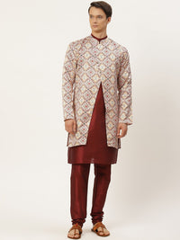 SOJANYA Men Maroon & Off-White Kurta with Churidar