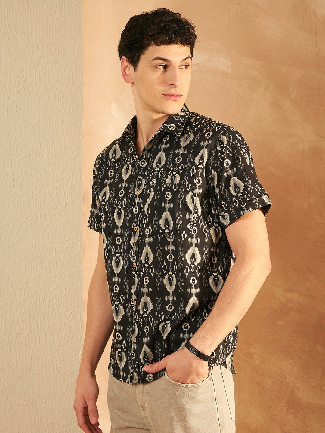DENNISON Smart Ethnic Motifs Printed Spread Collar Cotton Oversized Lightweight Shirt