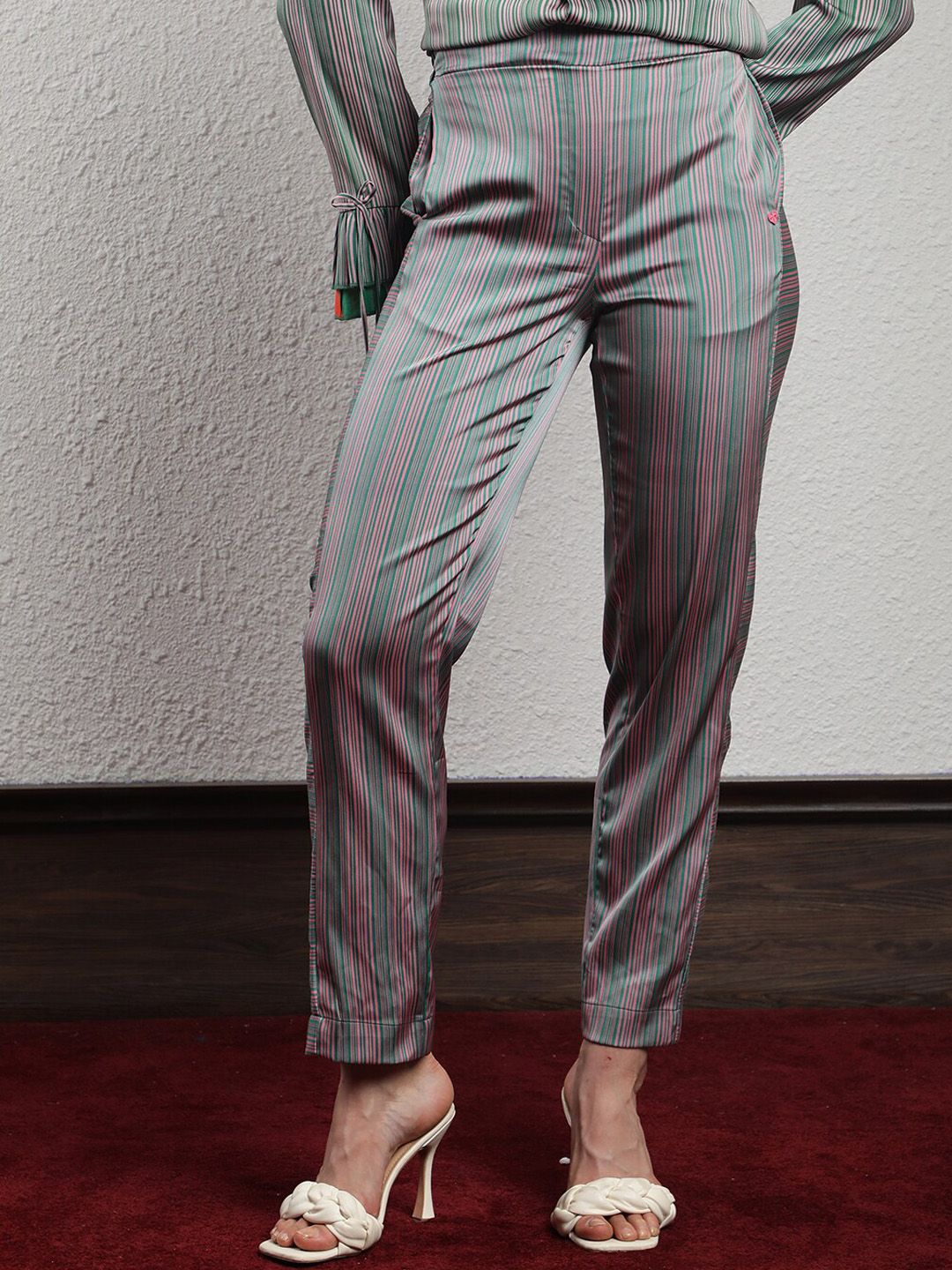 RAREISM Women Slim Fit Striped High-Rise Trousers