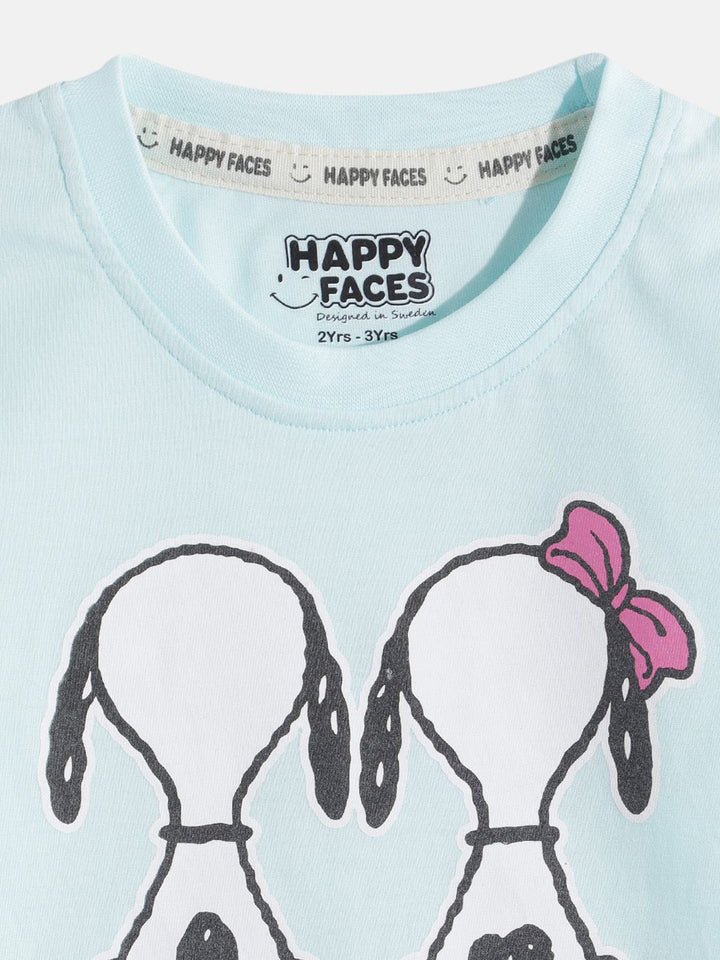 Happy Faces Girls Pure Cotton Peanuts Printed T-shirt with Joggers