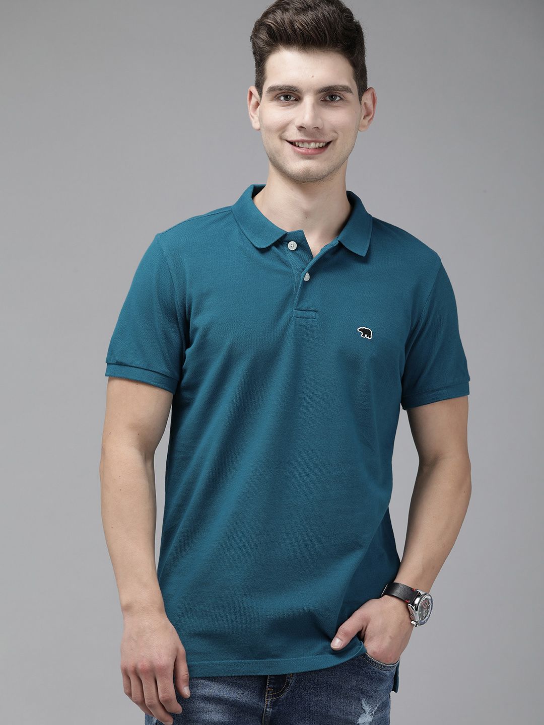 THE BEAR HOUSE Men Teal Blue Polo Collar Slim Fit Cotton Pure Cotton T-shirt