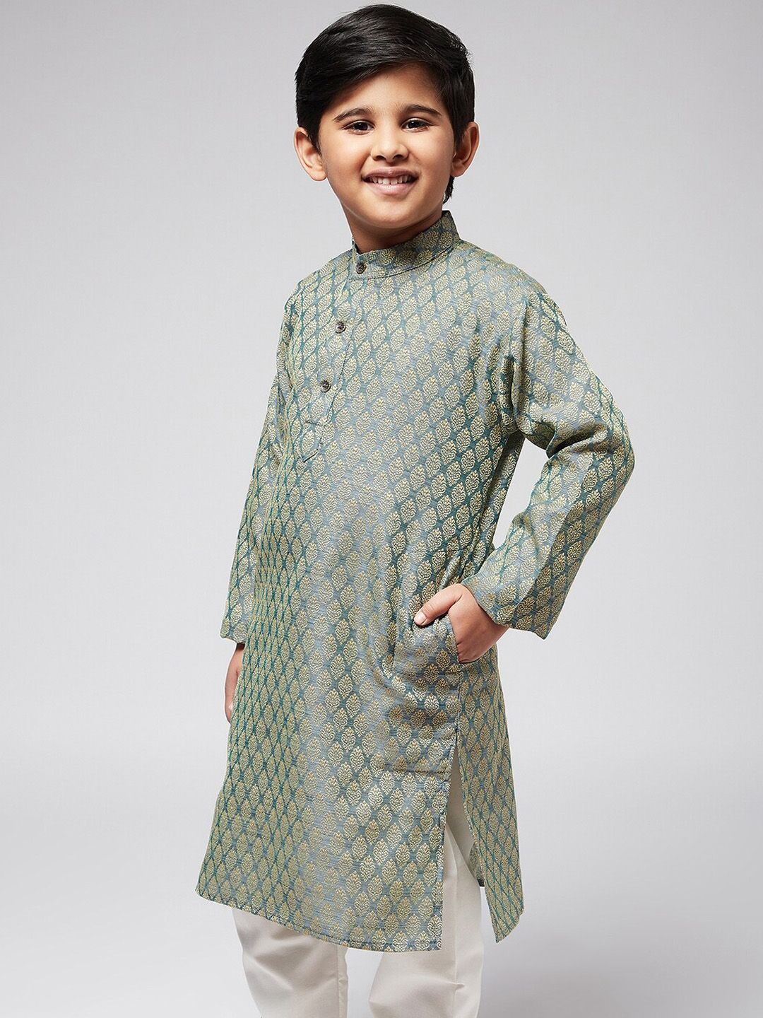 SOJANYA Boys Teal Green & Gold-Toned Ethnic Motifs Jacquard Kurta