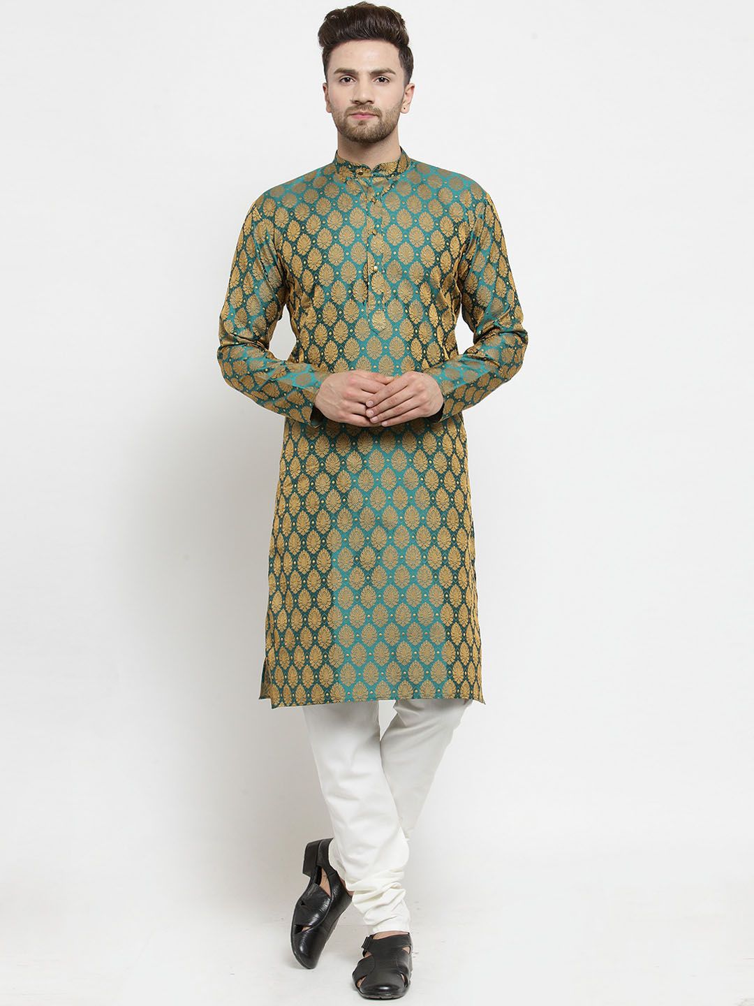 Jompers Men Green & White Woven Design Kurta with Churidar