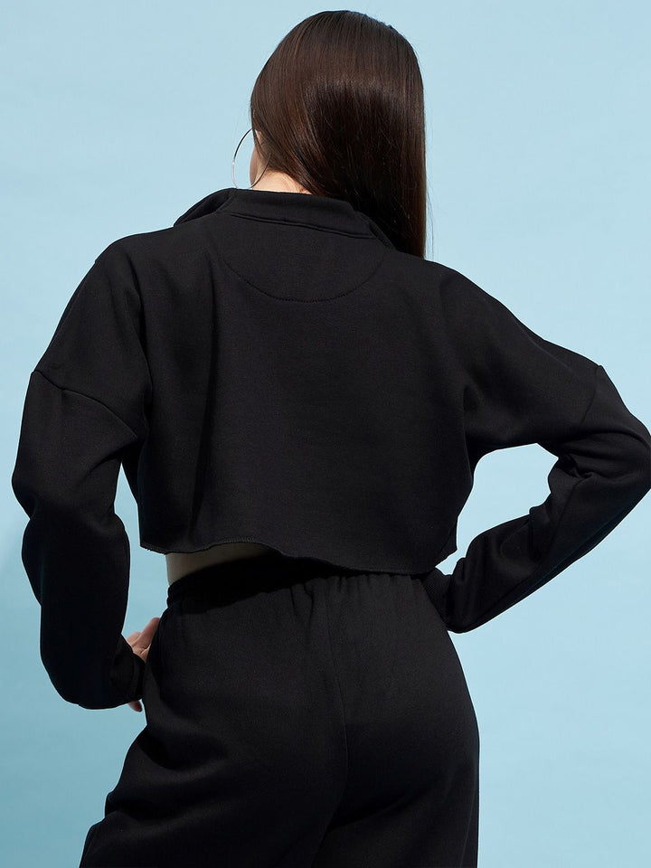 STREET 9 Black Mock Collar Pure Cotton Crop Sweatshirt