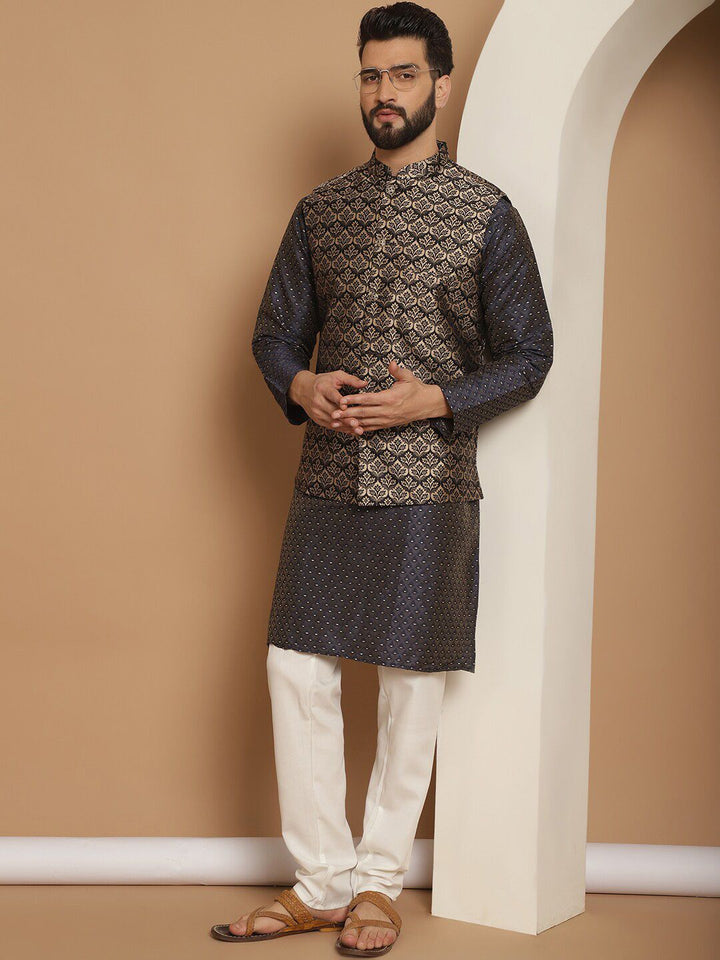 Anouk Navy Blue Ethnic Motifs Woven Design Straight Kurta With Churidar & Nehru Jacket