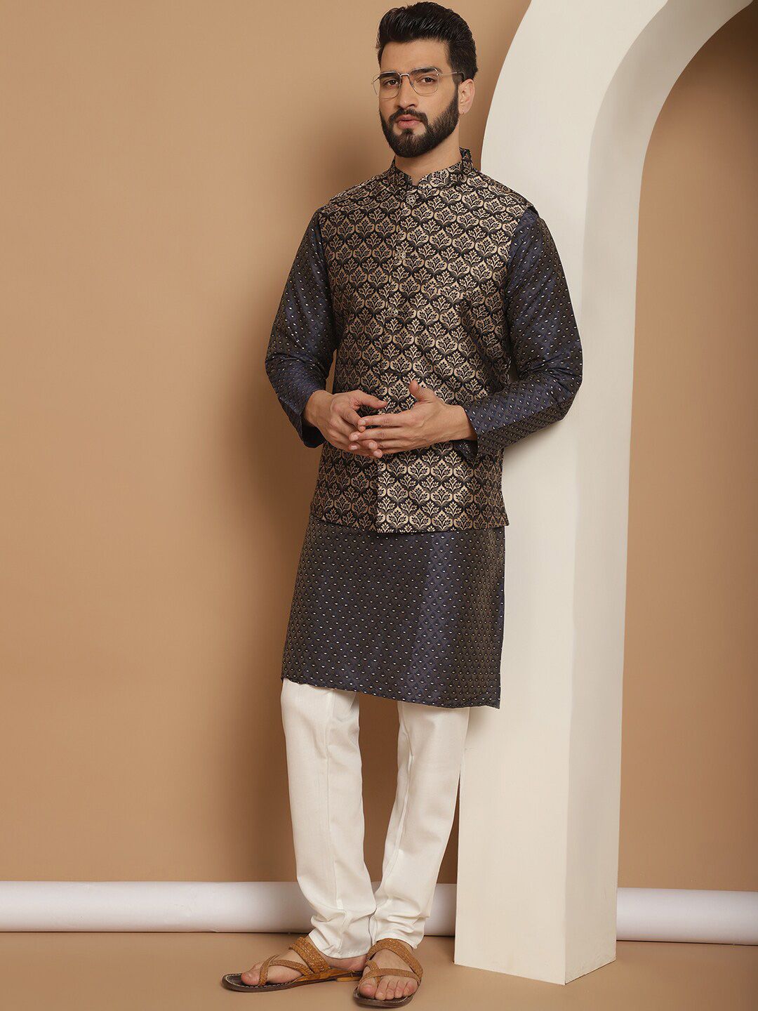 Anouk Navy Blue Ethnic Motifs Woven Design Straight Kurta With Churidar & Nehru Jacket