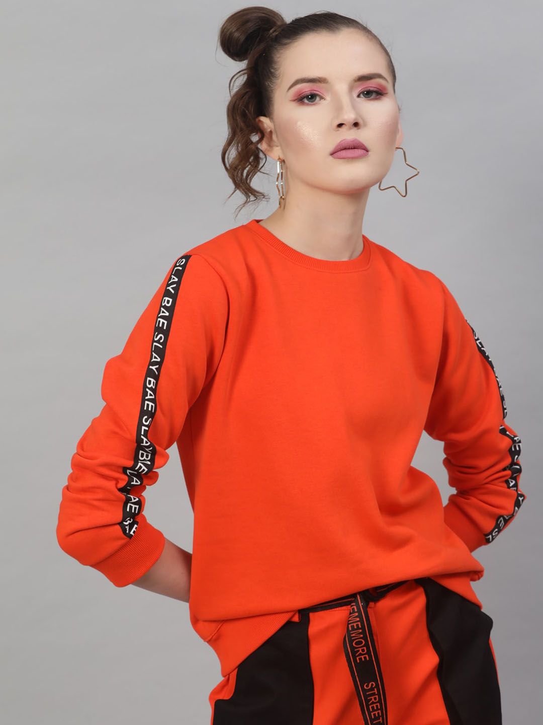 STREET 9 Women Pure Cotton Orange Solid Sweatshirt