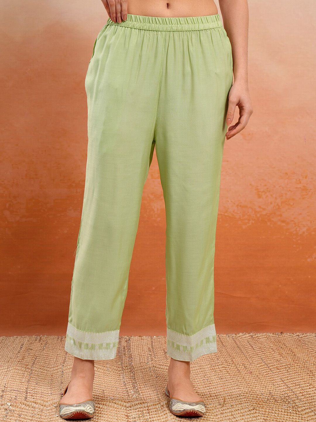 Vishudh Green Embroidered Mirror Work Straight Kurta With Trousers & Dupatta