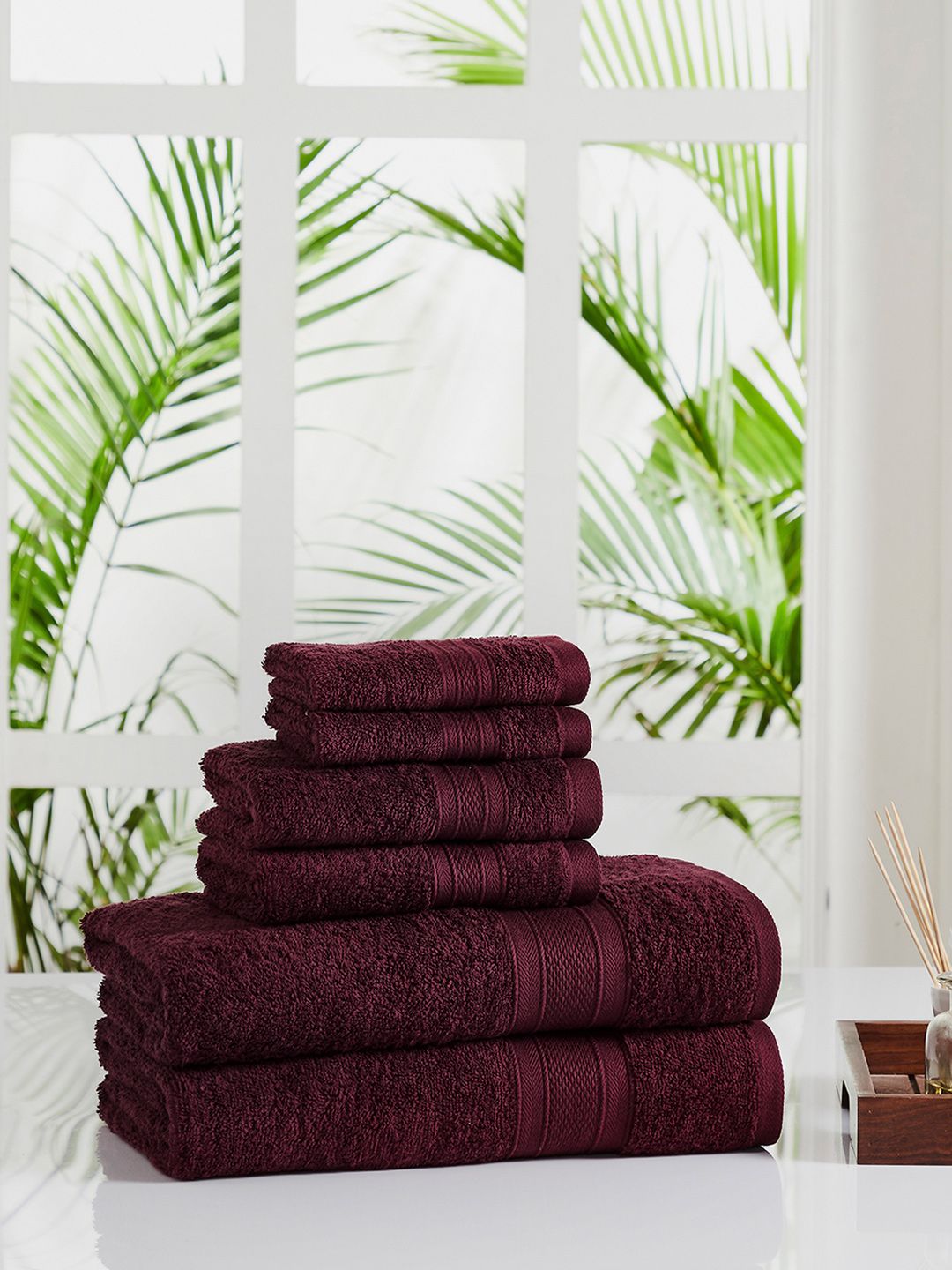 MYTRIDENT Set Of 6 Burgundy-Coloured Solid Pure Cotton 500 GSM Towels