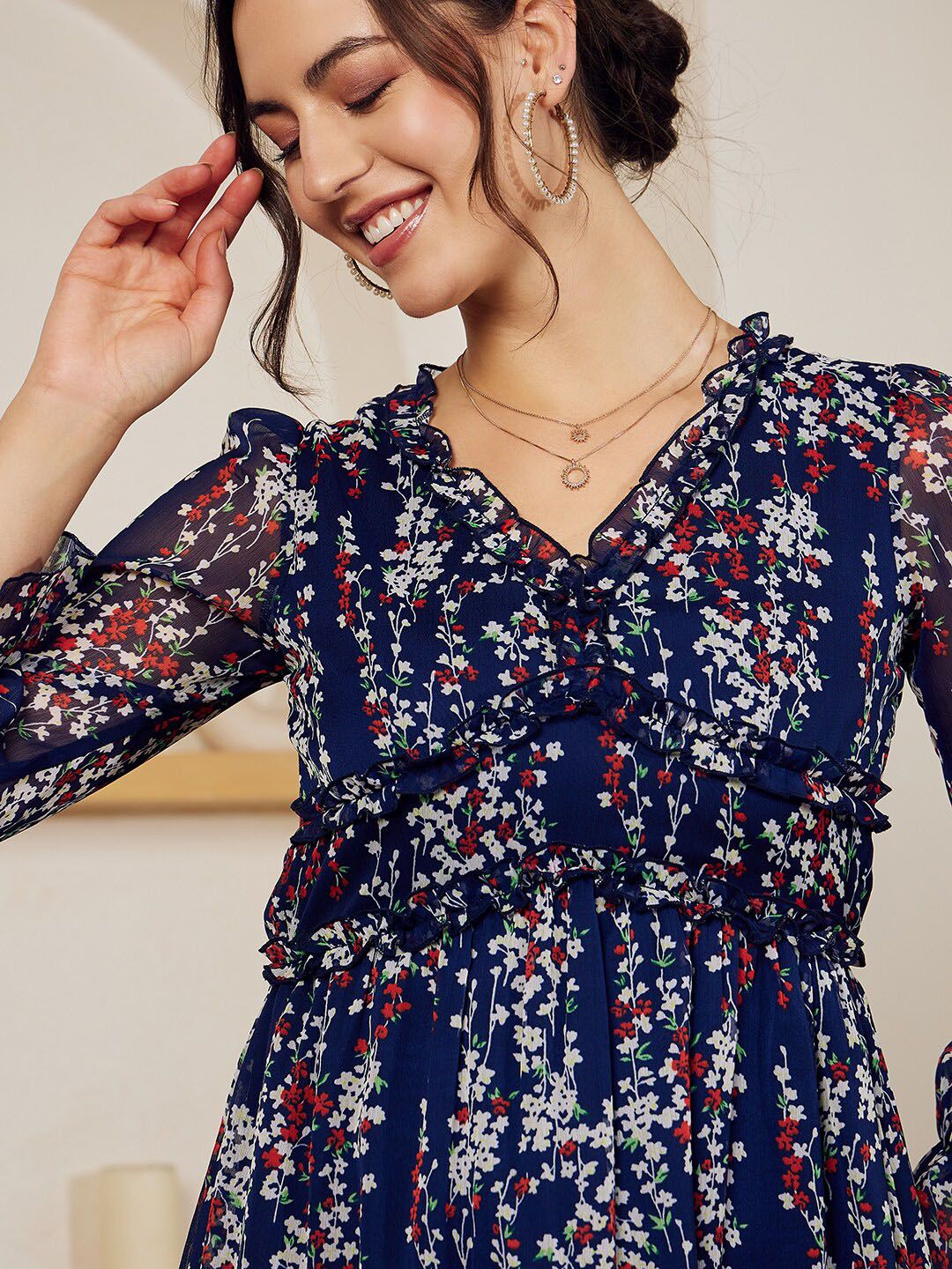 Berrylush Navy Blue Floral Printed Ruffled Chiffon A-Line Dress