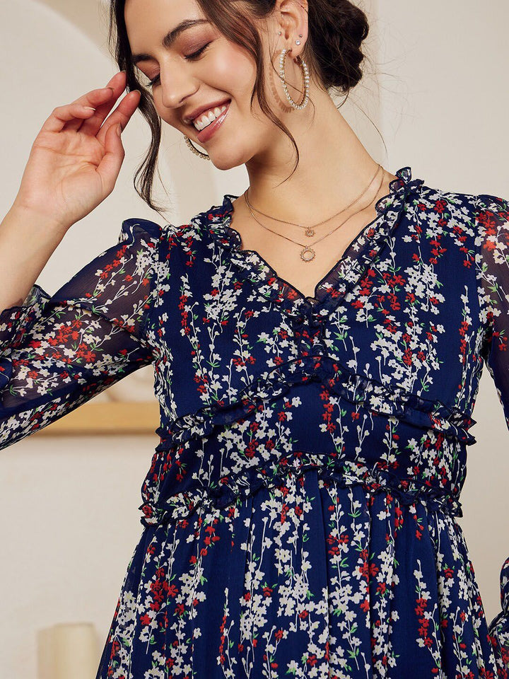Berrylush Navy Blue Floral Printed Ruffled Chiffon A-Line Dress
