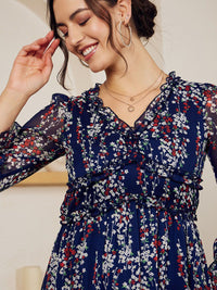 Berrylush Navy Blue Floral Printed Ruffled Chiffon A-Line Dress