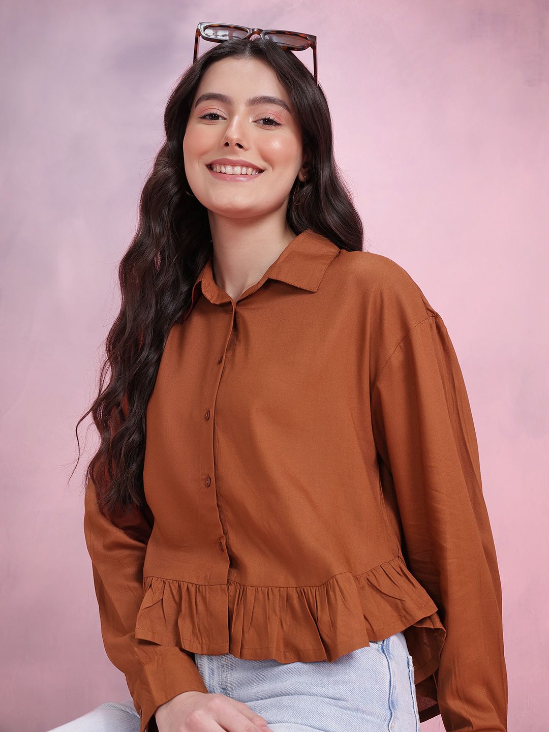 DressBerry Women Ruffled Spread Collar Casual Crop Shirt