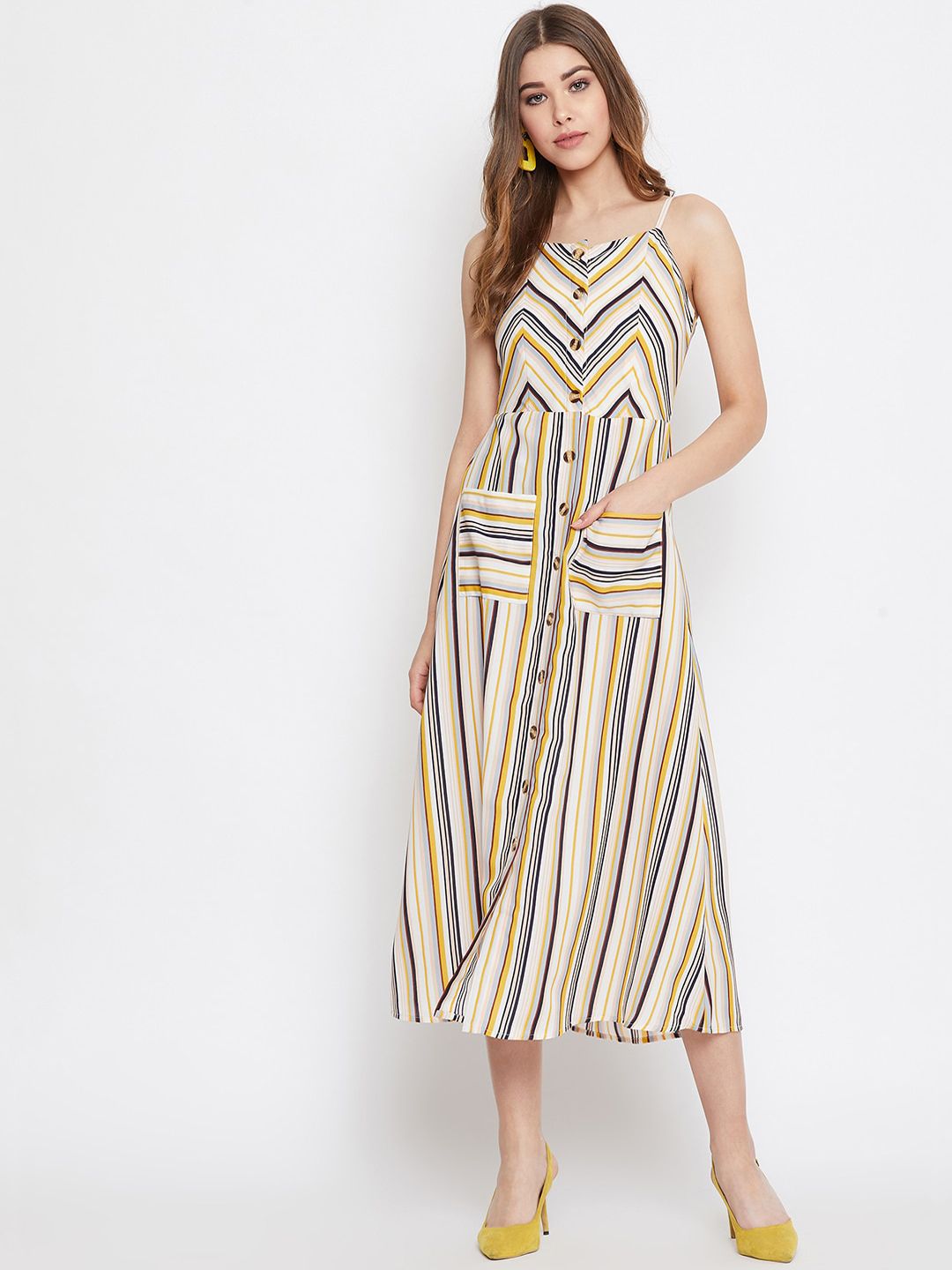 Berrylush Women Beige & Yellow Striped Fit and Flare Dress