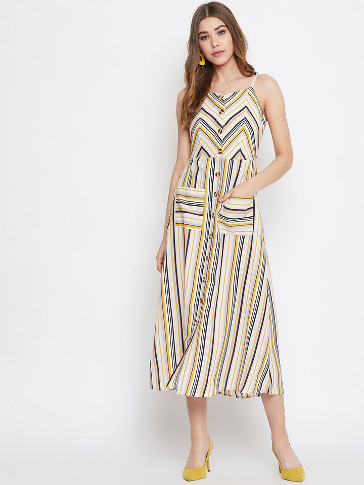 Berrylush Women Beige & Yellow Striped Fit and Flare Dress