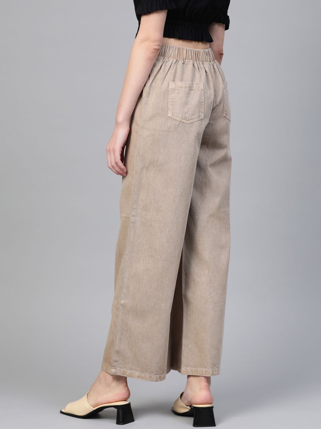 SASSAFRAS Women Beige Regular Fit Solid Denim Parallel Trousers
