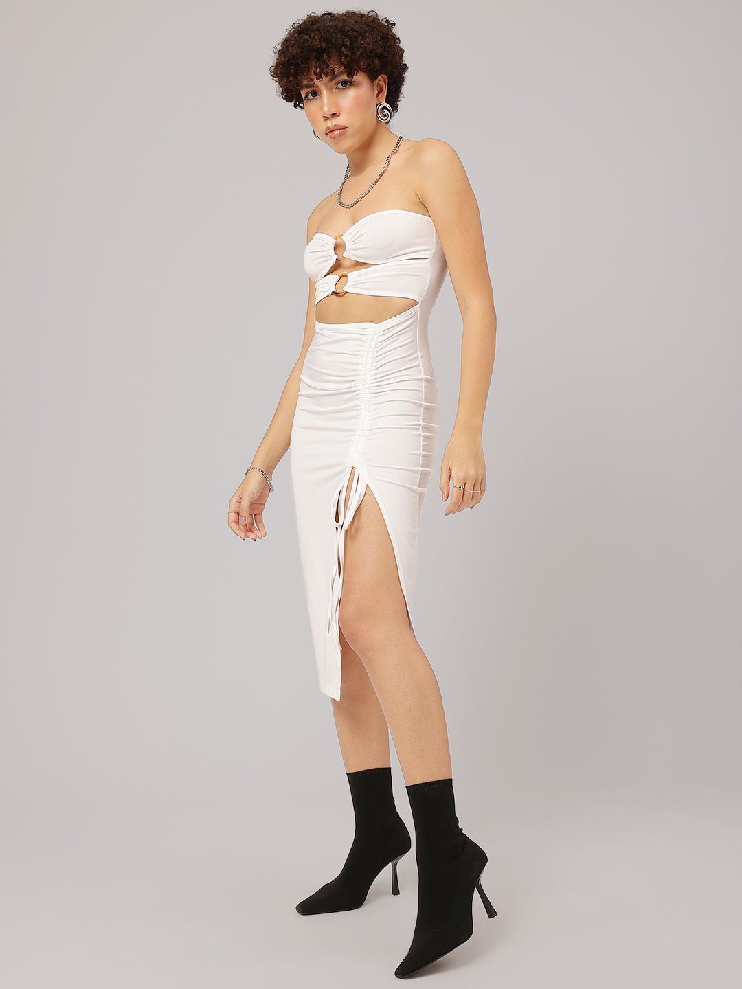 DressBerry Slit Sensation Ruched Tie-Up Midi Bodycon Dress