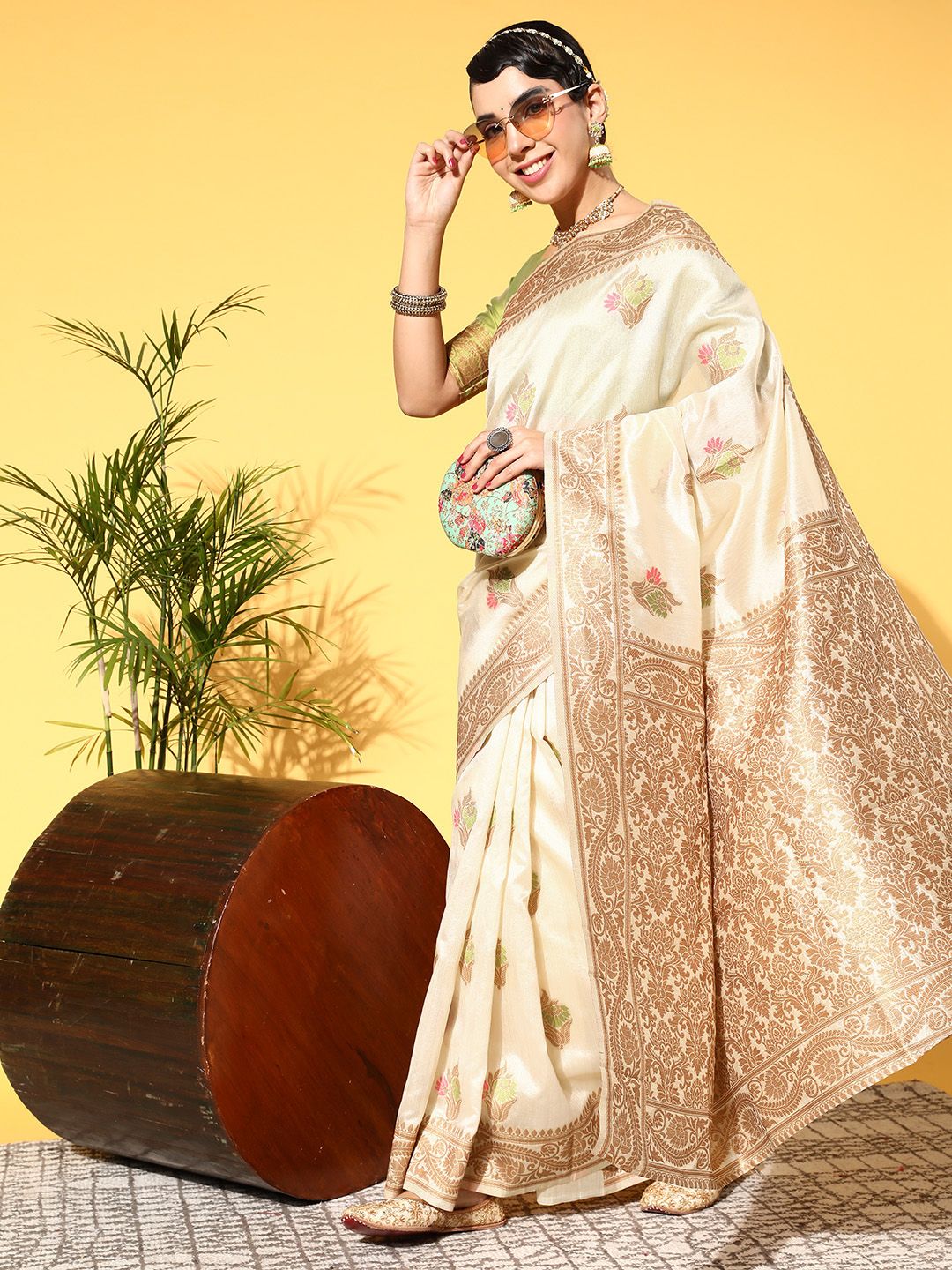 Saree mall Beige Woven Design Banarasi Saree