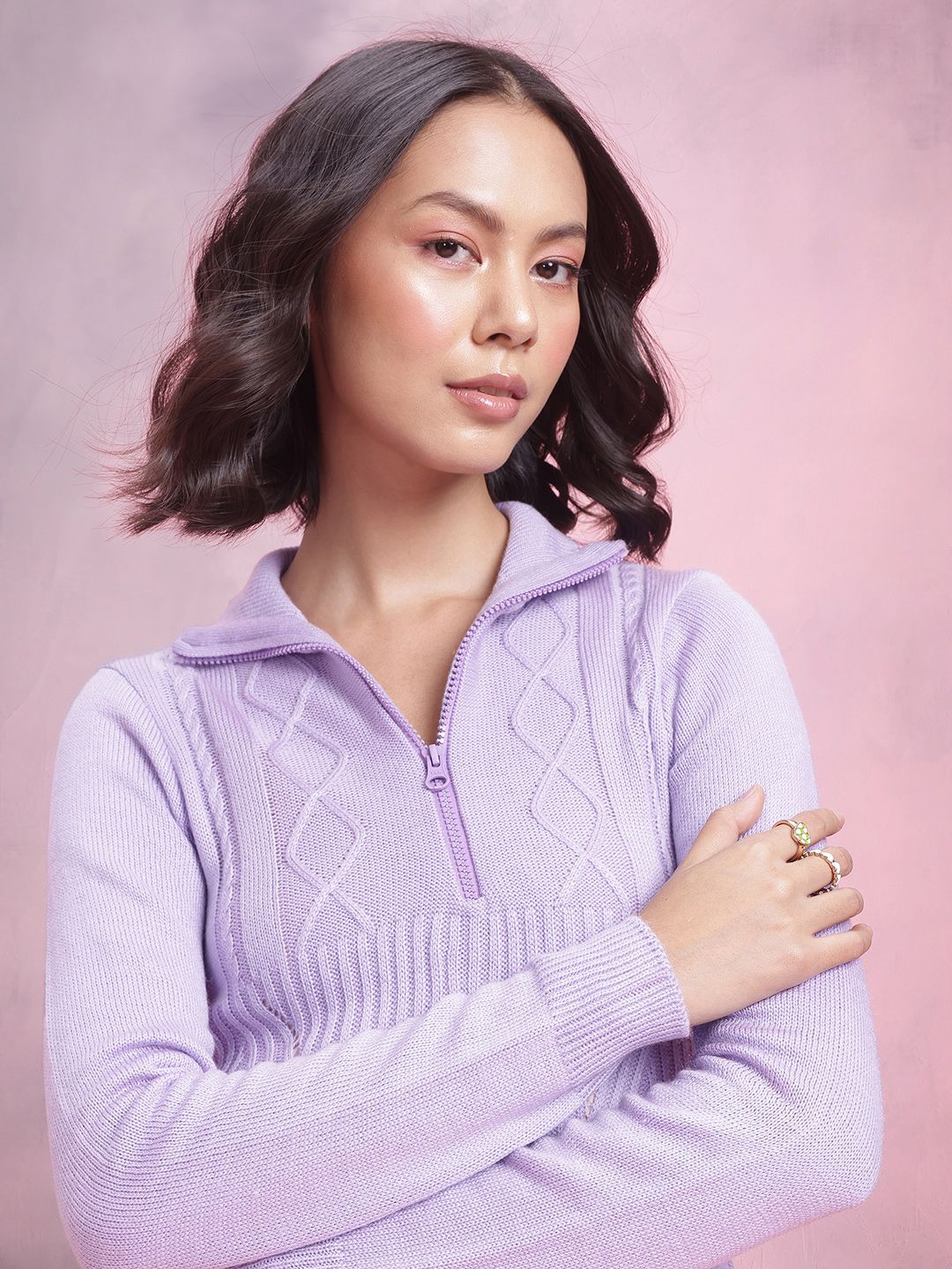 Pakaian Musim Sejuk Akrilik A-line Dressberry Half Zipper