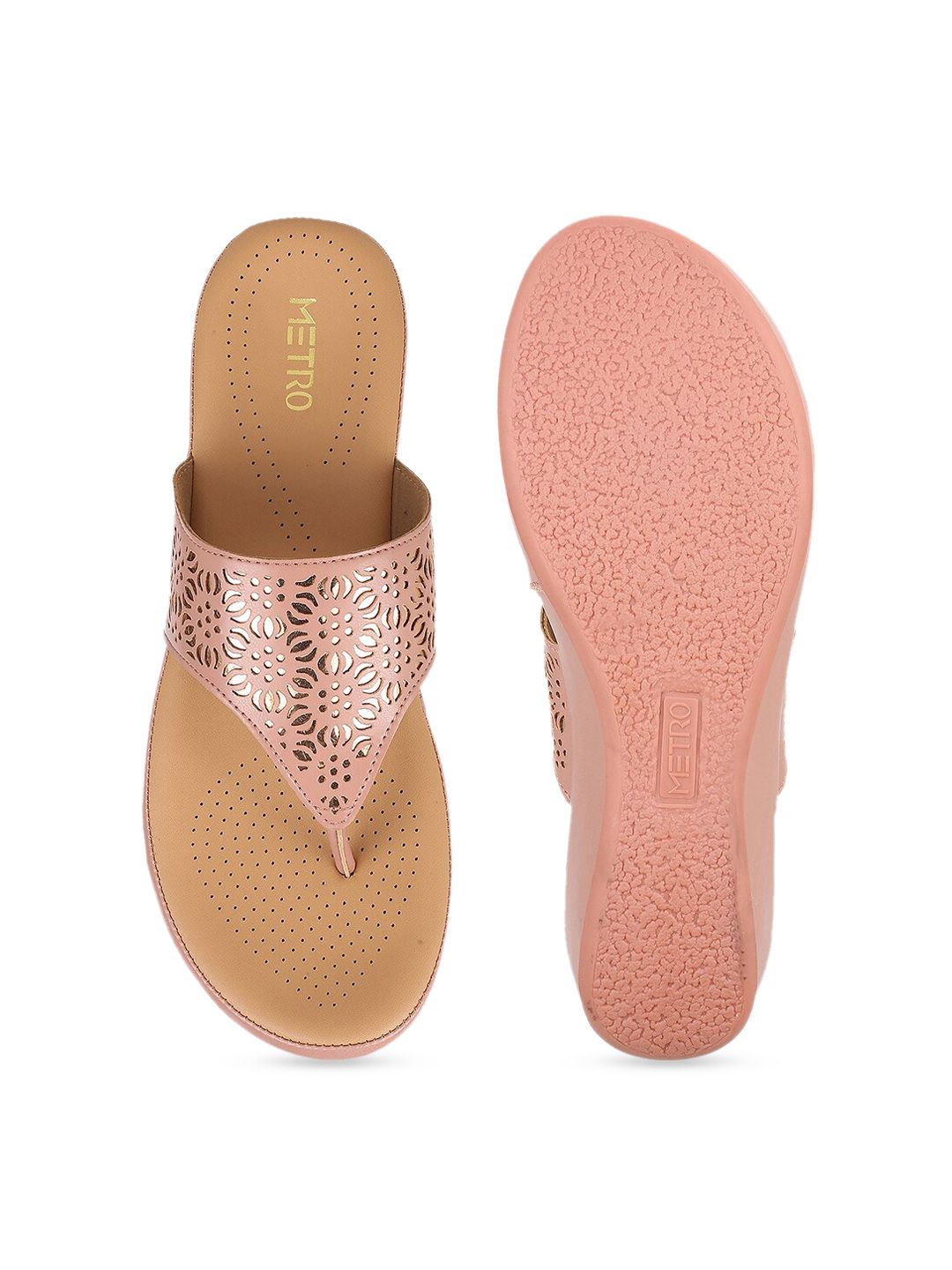 Metro Women Pink Embellished T-Strap Flats with Laser Cuts