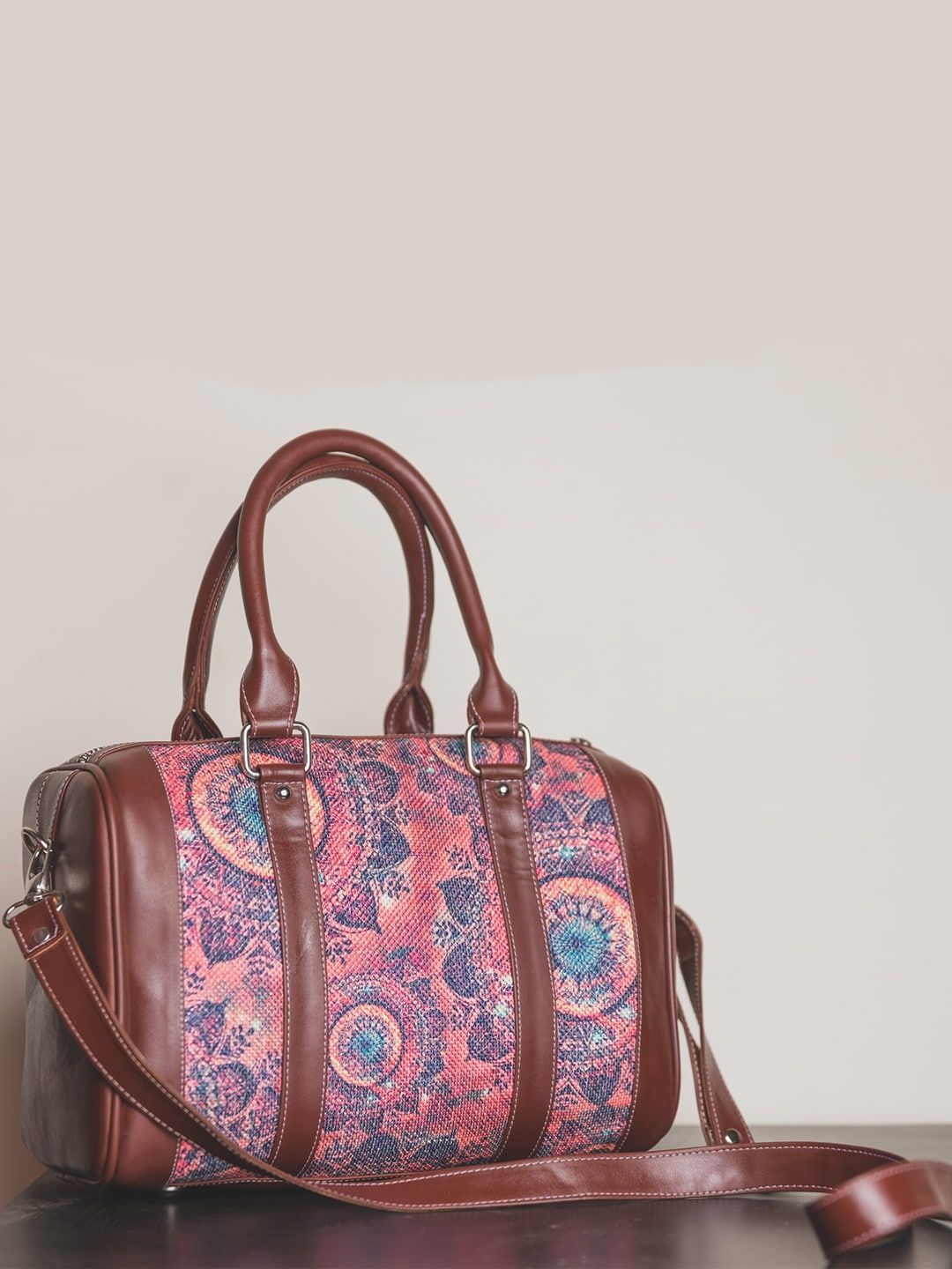 ZOUK Women Pink Printed Handicraft Fabric and Vegan Leather Handbag
