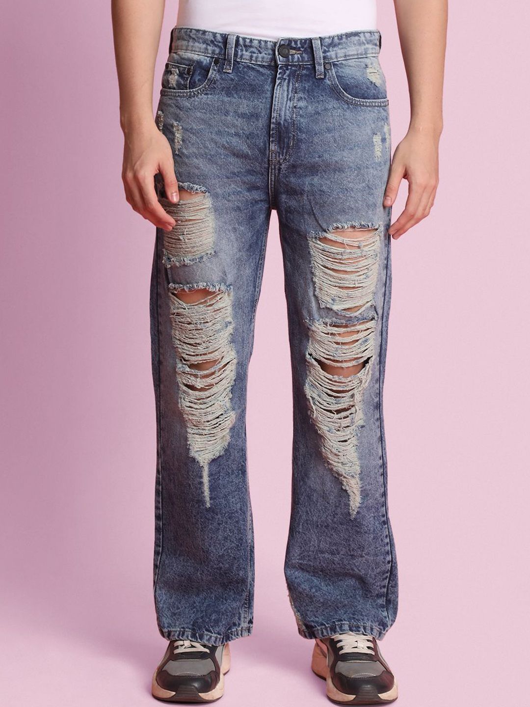 Bene Kleed Men Wide Leg Highly Distressed Heavy Fade Jeans
