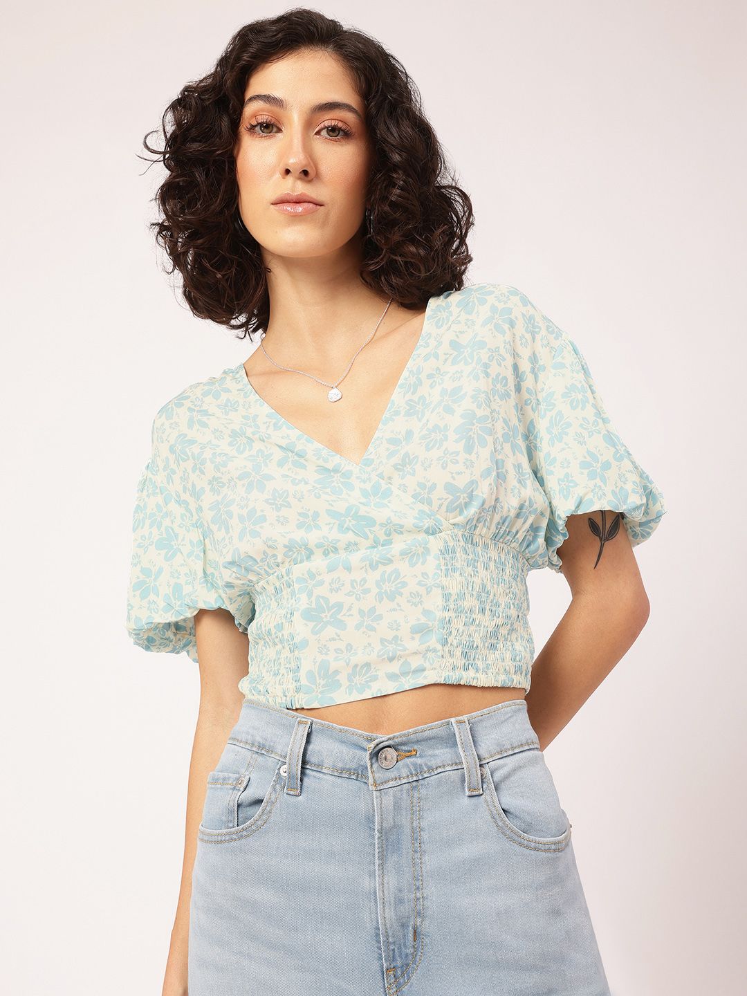 DressBerry Blooming Ahead Puff Sleeves Smocked Printed Crop Top
