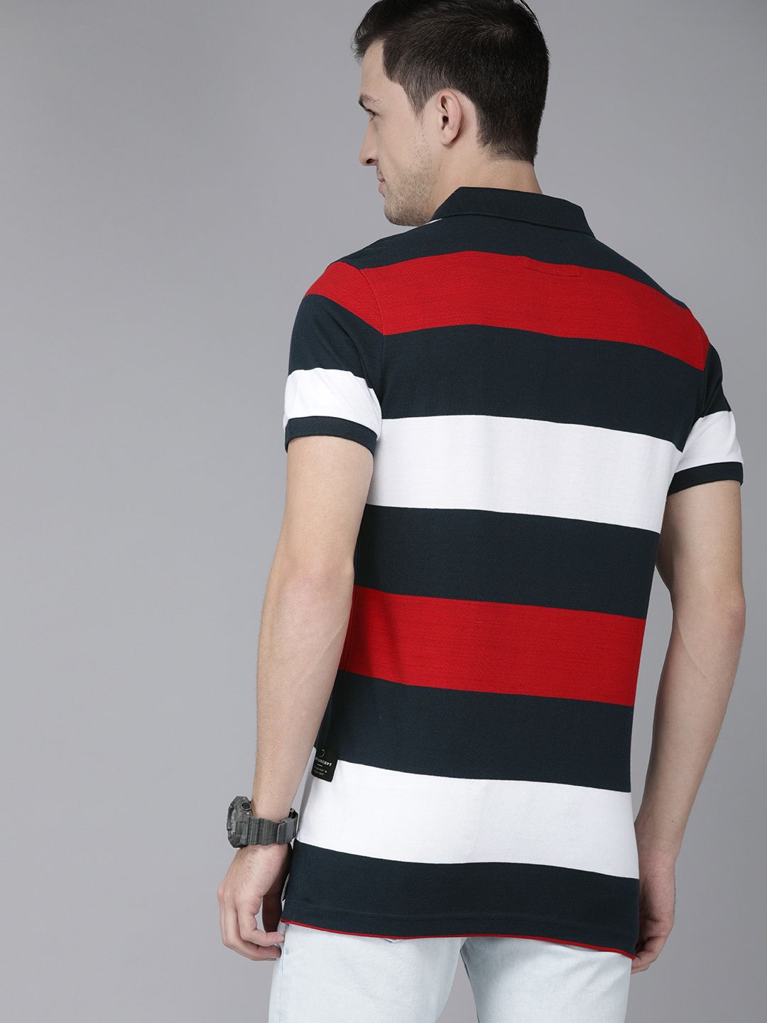 THE BEAR HOUSE Men Navy Blue  & White Striped Polo Collar Slim Fit Pure Cotton T-shirt