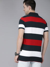THE BEAR HOUSE Men Navy Blue  & White Striped Polo Collar Slim Fit Pure Cotton T-shirt