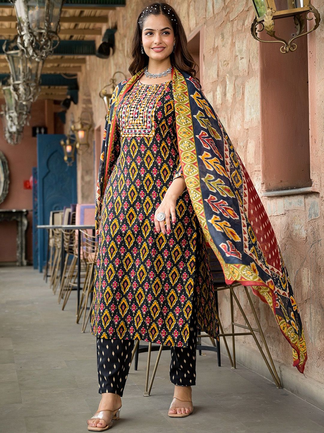 KALINI Geometric Printed Thread Work Straight Kurta With Trousers & Dupatta