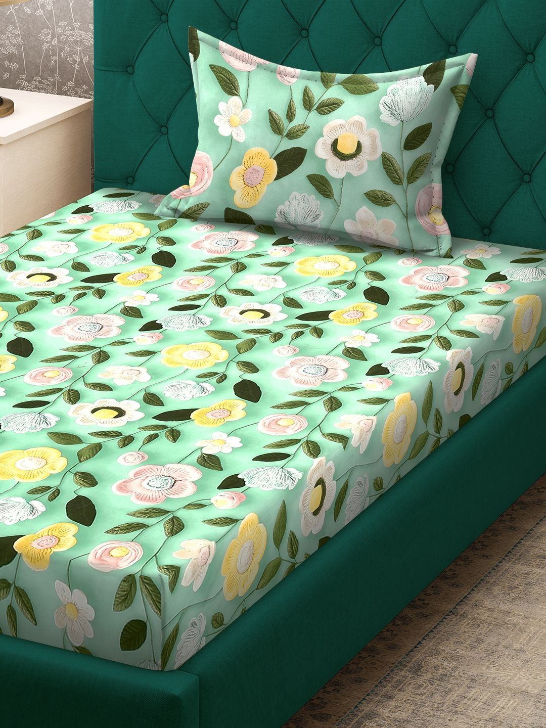 KLOTTHE Pink & Green Floral Printed Fitted 300 TC Single 7D Bedsheet With Pillow Cover