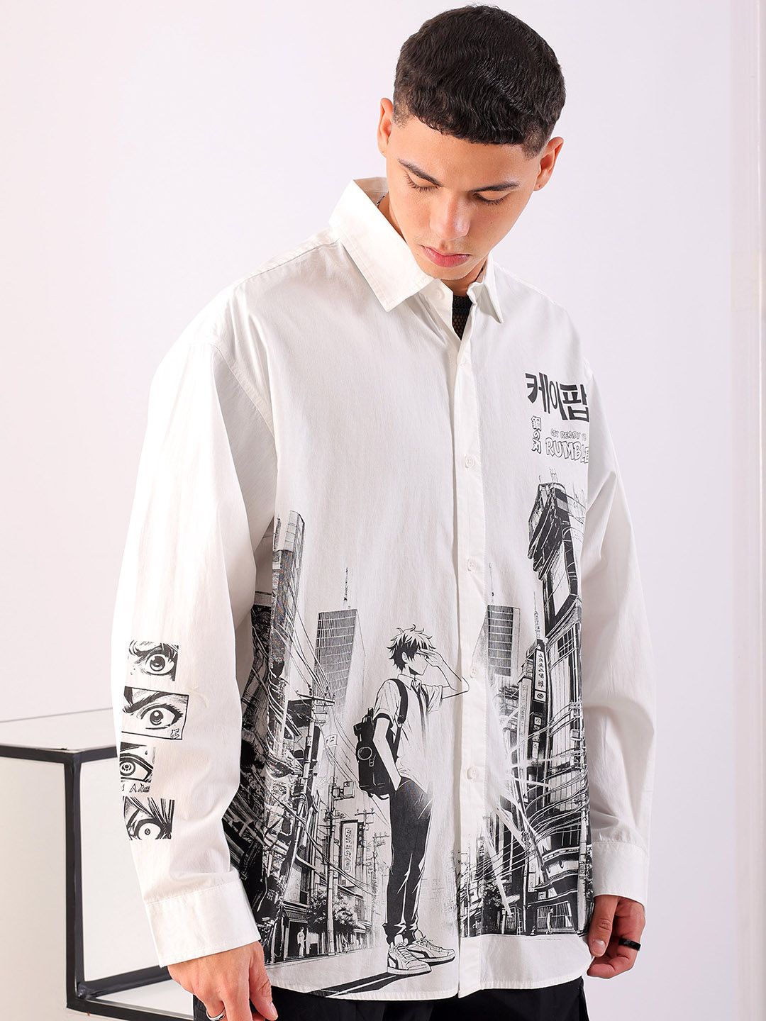 The Indian Garage Co Men Spread Collar Graphic Printed Cotton Oversized Casual Shirt