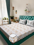 KLOTTHE Mustard Ethanic Printed Fitted 400 TC Cotton Super King Bedsheet & 2 Pillow Covers