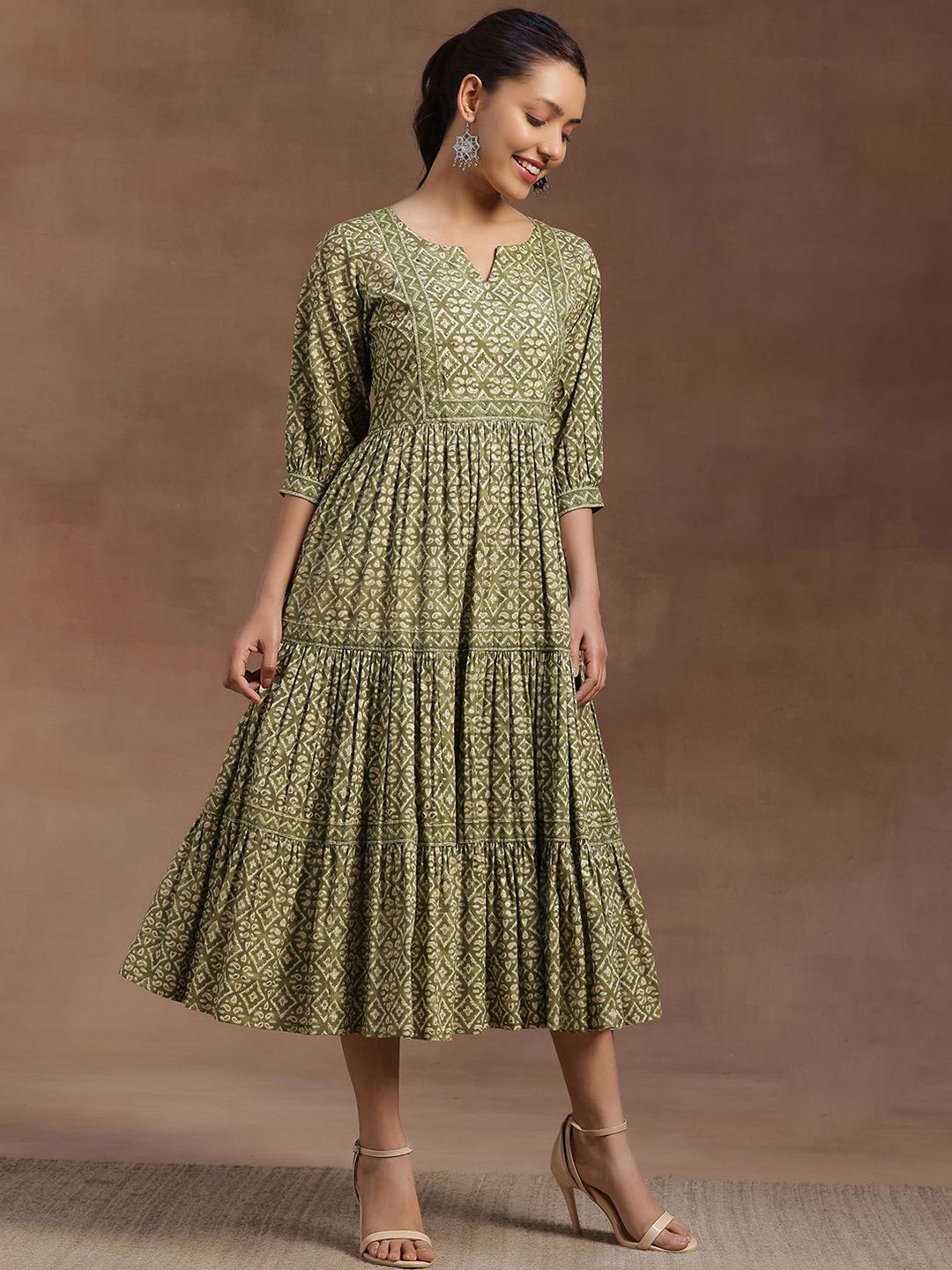 Libas Women Ethnic Motifs Print Puff Sleeve Layered A-Line Midi Dress