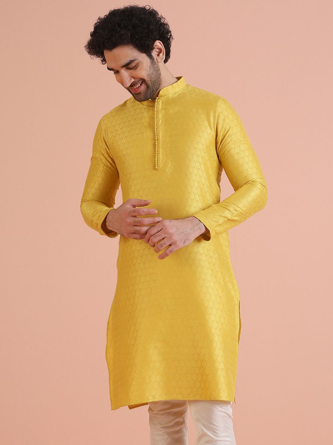 KISAH Woven Design Thread Work Mandarin Collar Straight Kurta