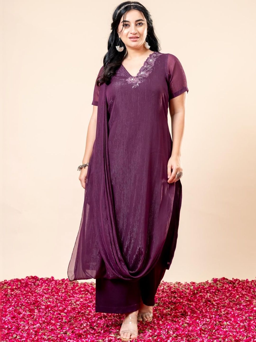 Mamicha Mehfil Embroidered V-Neck Top & Trousers Co-Ords Set