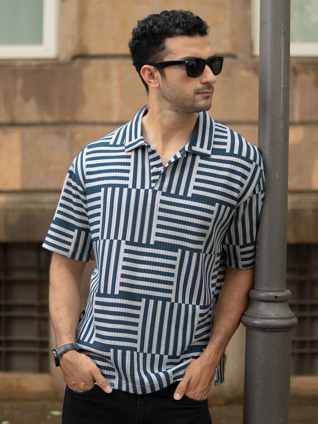 Powerlook SS25 Oversized Geometric Printed Polo Collar Drop-Shoulder Sleeves T-Shirt