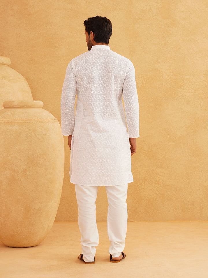 SOJANYA Ethnic Motifs Chikankari Band Collar Pure Cotton Straight Long Kurta