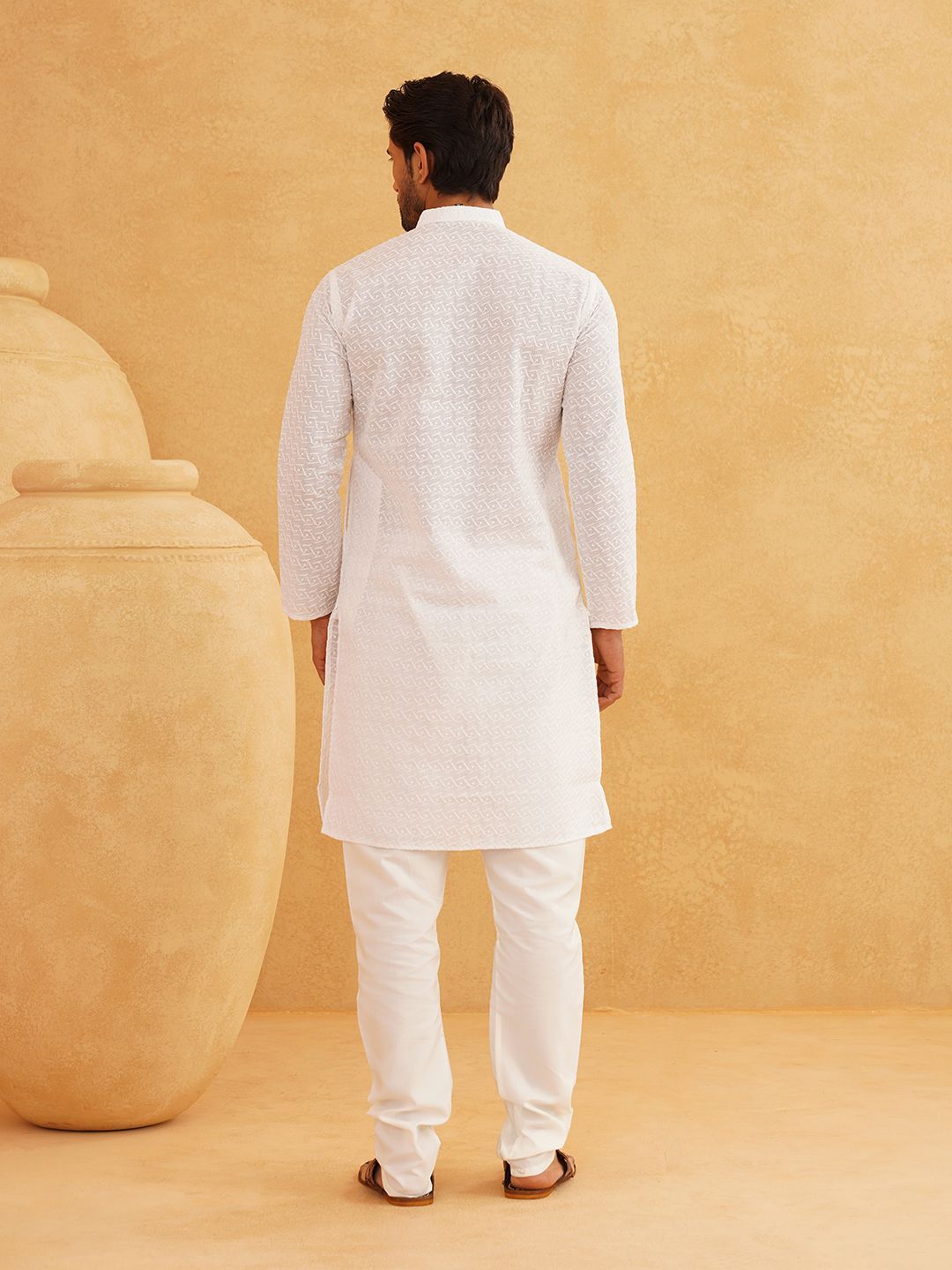 SOJANYA Ethnic Motifs Chikankari Band Collar Pure Cotton Straight Long Kurta