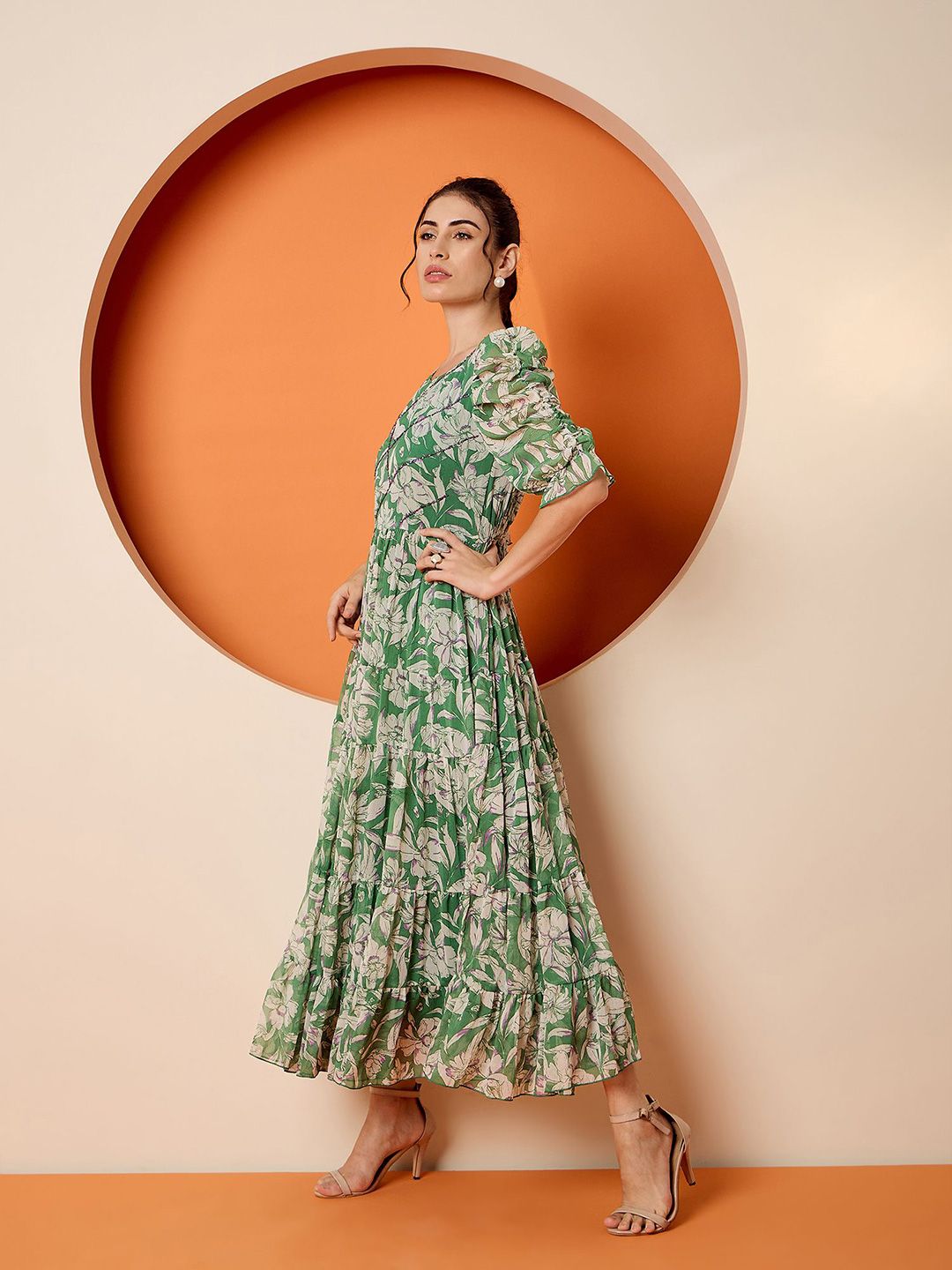Antheaa Women Tropical Embellished Flutter Sleeve Chiffon Fit & Flare Dress