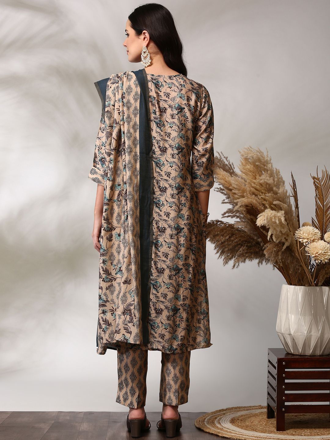 Anouk Floral Printed Regular Straight Kurta with Trousers & Dupatta