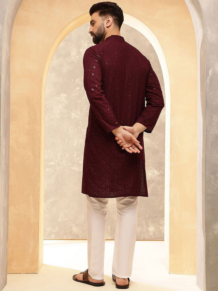 Anouk Burgundy Geometric Embroidered Sequence Mandarin Collar Straight Kurta